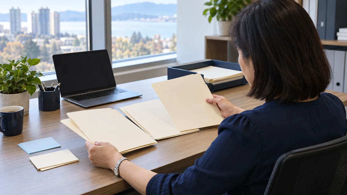 An HR manager in a navy blouse compares blank cream folders at a window-side desk with a laptop and file tray; AI illustration.