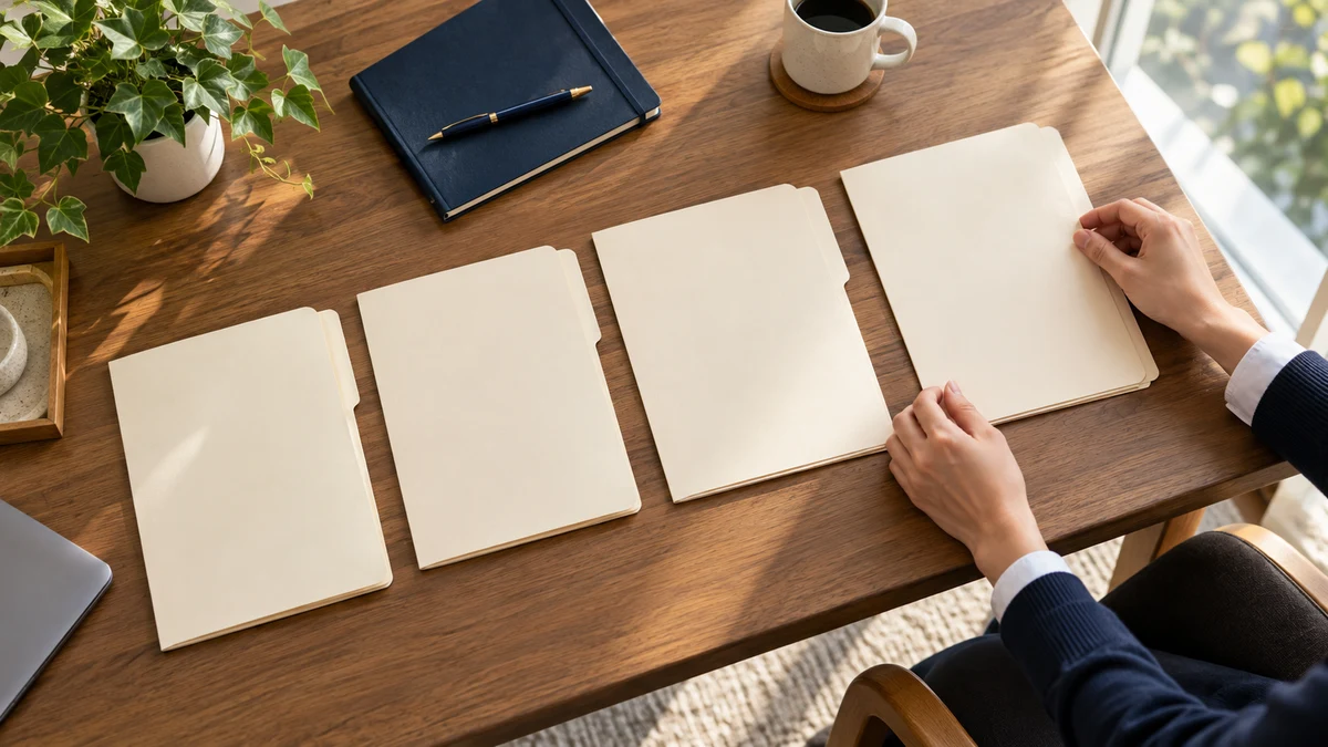Hands align four closed cream folders in sequence on a wooden desk with a navy notebook; AI illustration.