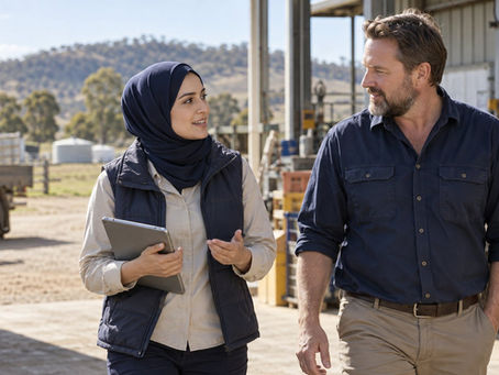 A regional employer and an overseas specialist walking through a practical Australian workplace near a small rural town in Australia