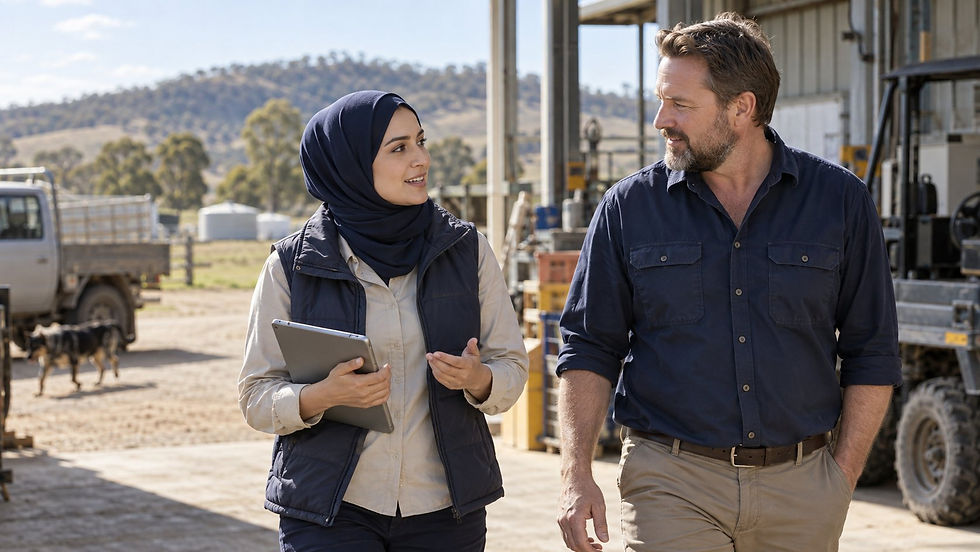 A regional employer and an overseas specialist walking through a practical Australian workplace near a small rural town in Australia
