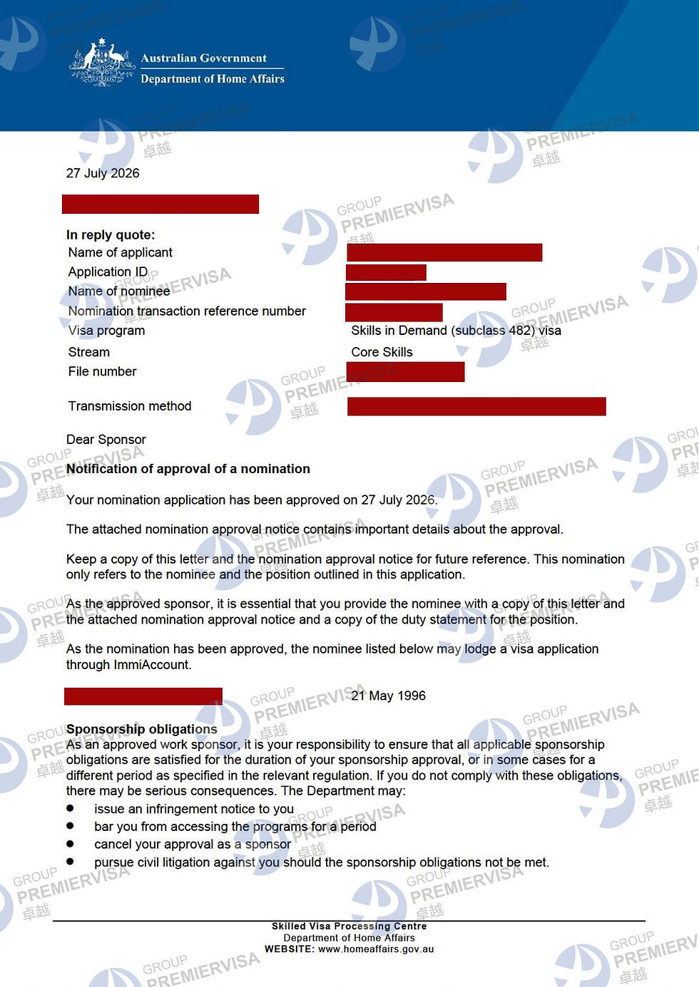 卓越移民PremierVisa Group|482雇主提名批准|2026年7月27日|PV-AU-0294