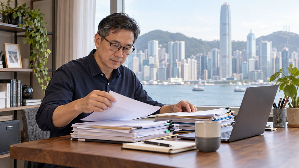A mature professional organising several years of employment records at a quiet home desk near a city window in Hong Kong