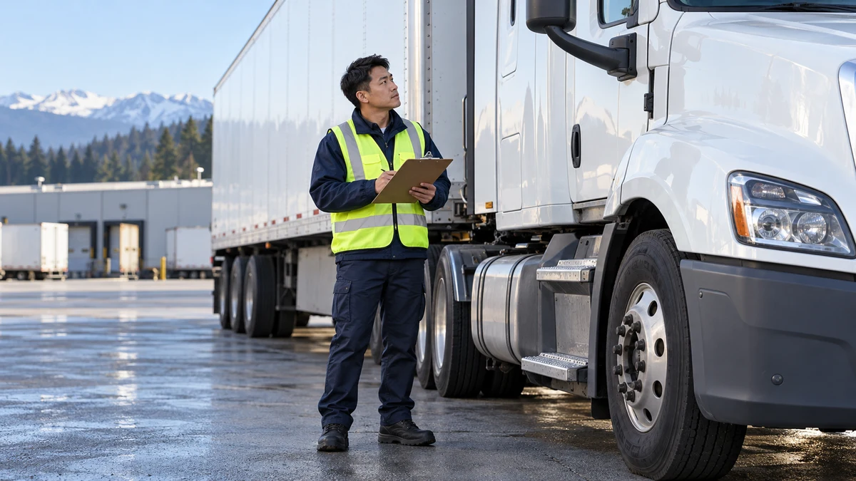 A driver in a high-visibility vest reviews a plain clipboard beside a parked truck in daylight; fictional AI illustration.
