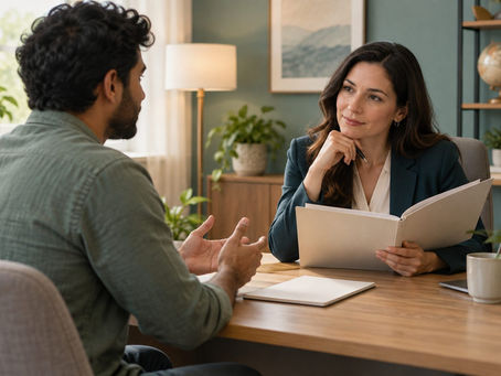 An adviser listening to an applicant and reviewing a blank background disclosure file