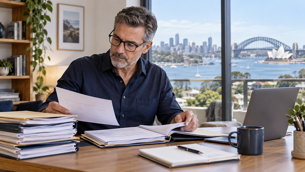 A mature professional organising several years of employment records at a quiet home desk near a city window in Australia