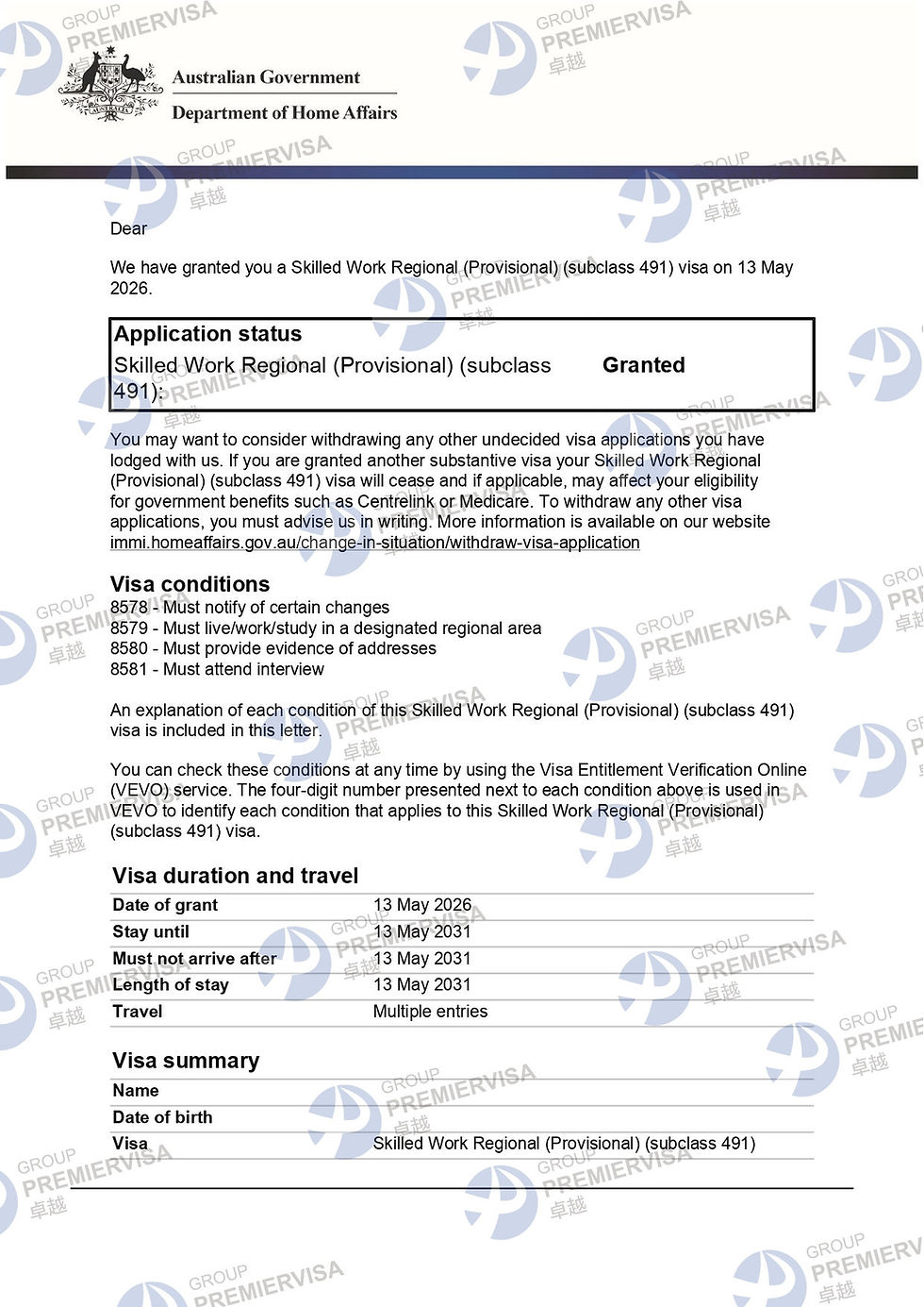 PremierVisa Group | Subclass 491 Regional Skilled Visa Granted | 13 May 2026 | PV-AU-0021