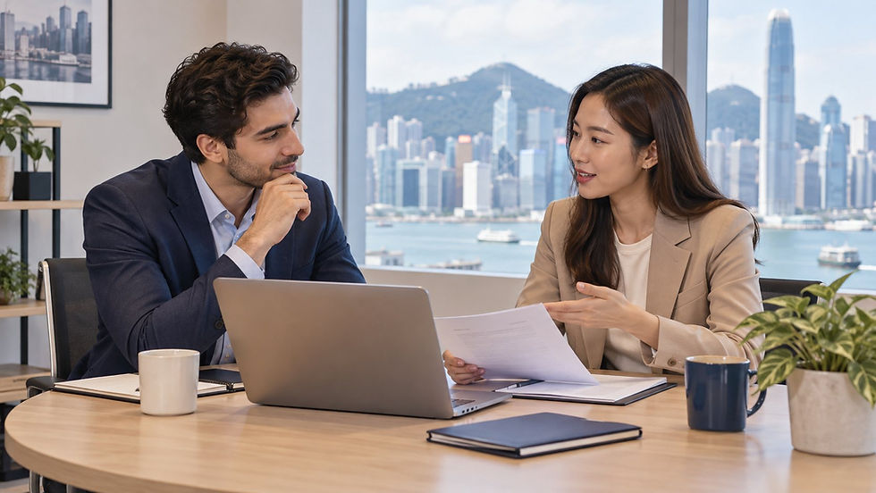 An international employee discussing a specific job offer with a human resources manager at a small meeting table in Hong Kong