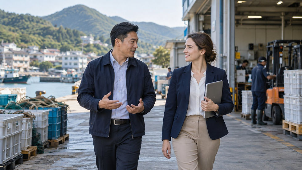 A regional employer and an overseas specialist walking through a practical Australian workplace near a small rural town in Hong Kong