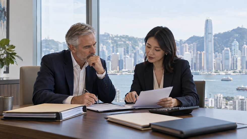 Investor reviewing organised financial records with a professional in Hong Kong