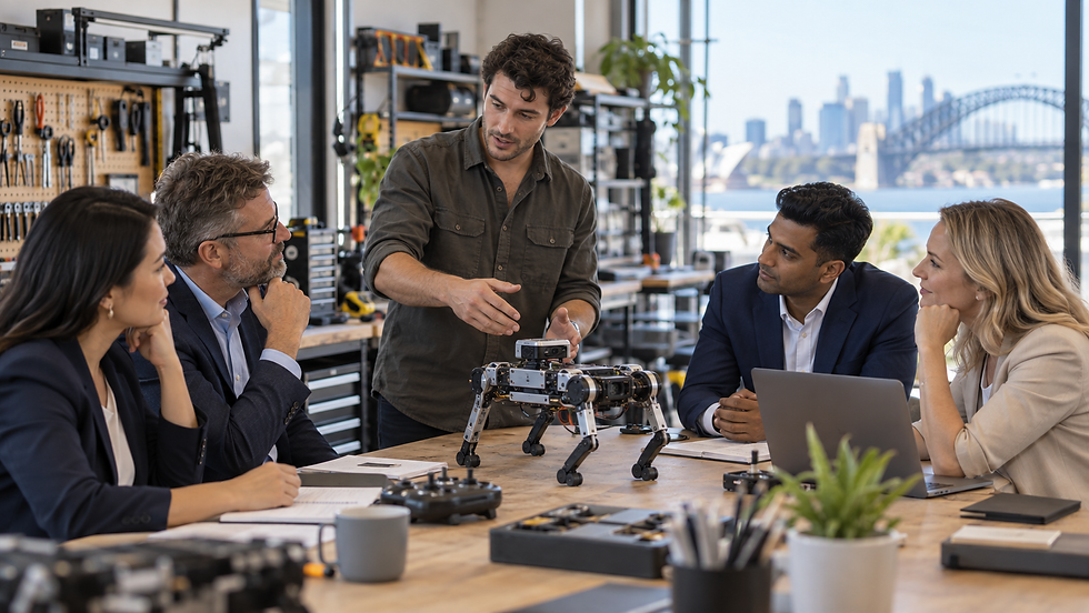 A diverse venture capital investment committee discussing a small robotics prototype presented by its founder in a practical Australian workshop