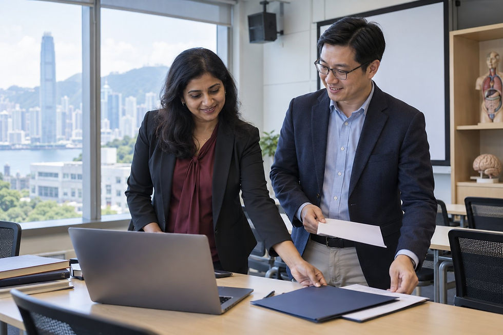 An overseas medical educator and Hong Kong faculty coordinator preparing a professional seminar in a teaching room.