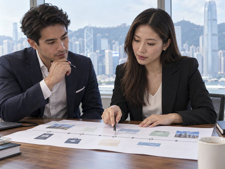 Professional and adviser reviewing a visa and employment timeline in Hong Kong