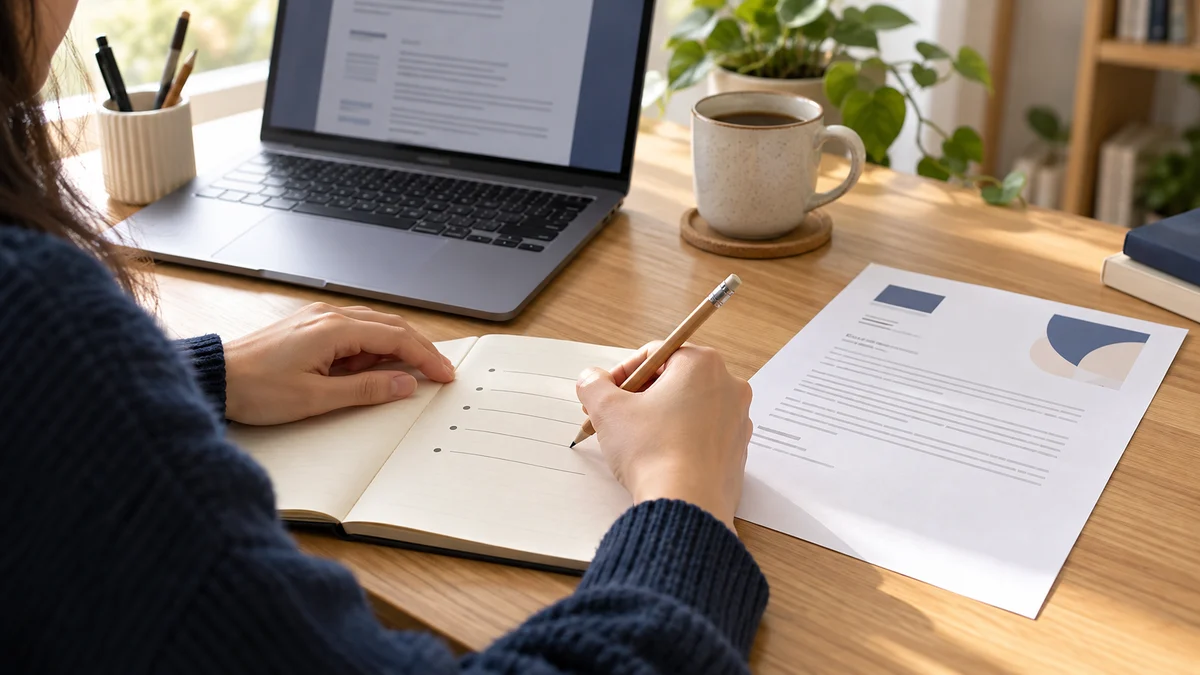 A job seeker plans a letter in a cream notebook beside a laptop, abstract vacancy page and mug; AI illustration.