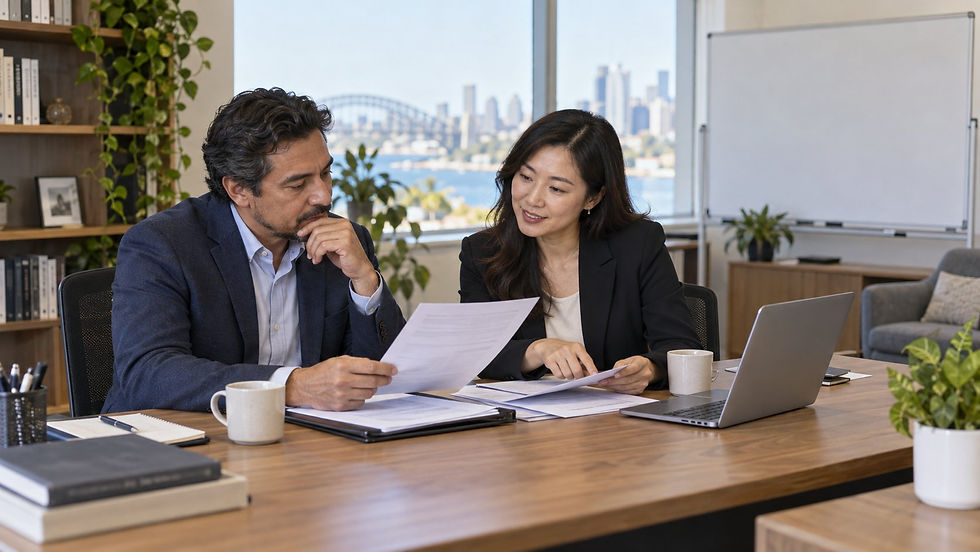 An experienced international professional comparing original career records with an adviser in a modest office with a plain unmarked planning board in Australia