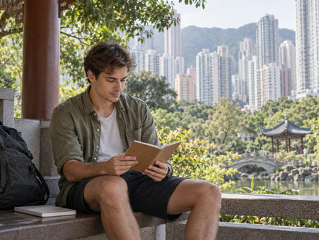 A traveller reviewing his visit plan in a shaded Hong Kong park