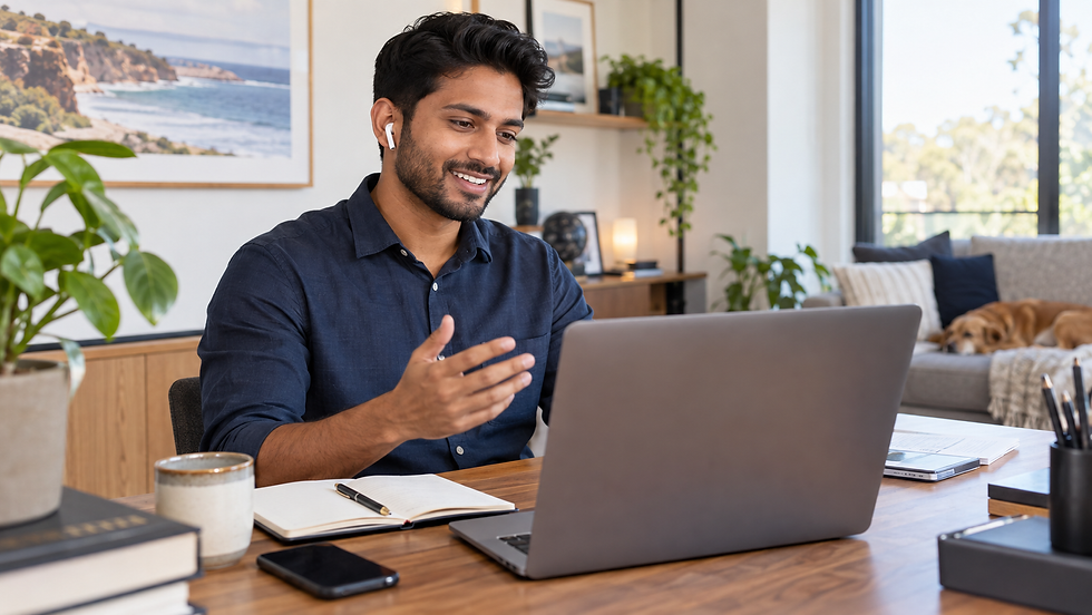 An international professional having a video consultation at a home desk with the laptop display turned away from the camera in Australia