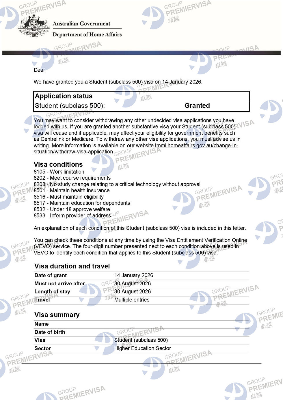 PremierVisa Group | Subclass 500 Student Visa Granted | 14 January 2026 | PV-AU-0125