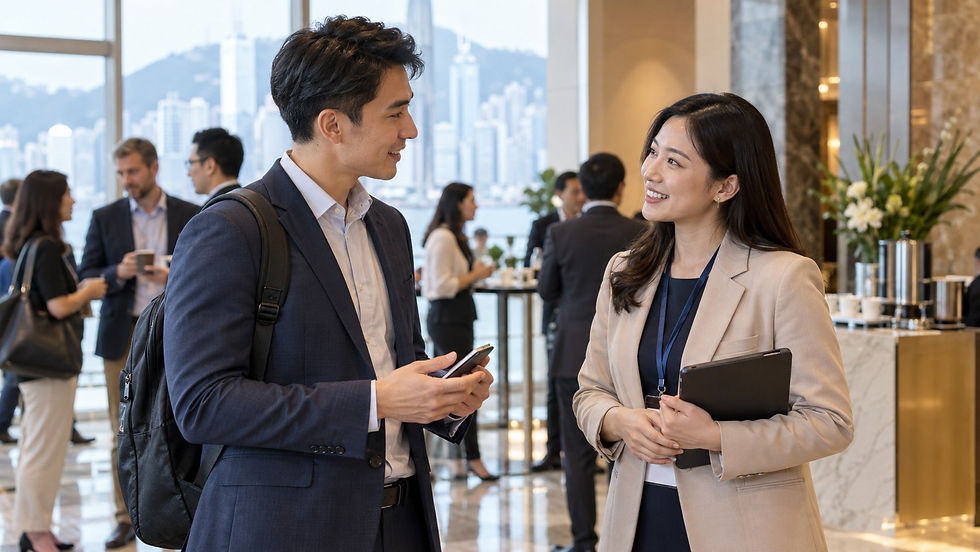 An overseas professional speaking with an event host in the lobby of a modest international conference with no readable signs in Hong Kong