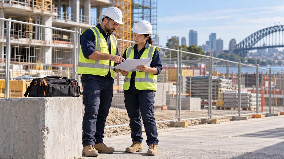 Two trade workers in hard hats and safety vests review abstract papers outside a fenced construction site; AI illustration.