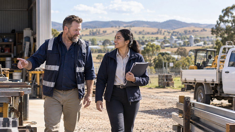 A regional employer and an overseas specialist walking through a practical Australian workplace near a small rural town in Australia
