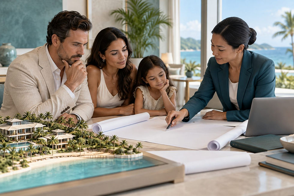 A cautious investor reviewing blank property plans with a tropical resort model on the table