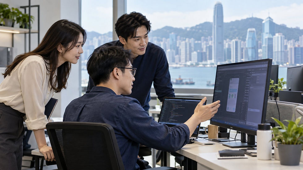 A software professional and two coworkers discussing a product demonstration in a practical technology workspace with unreadable screens in Hong Kong