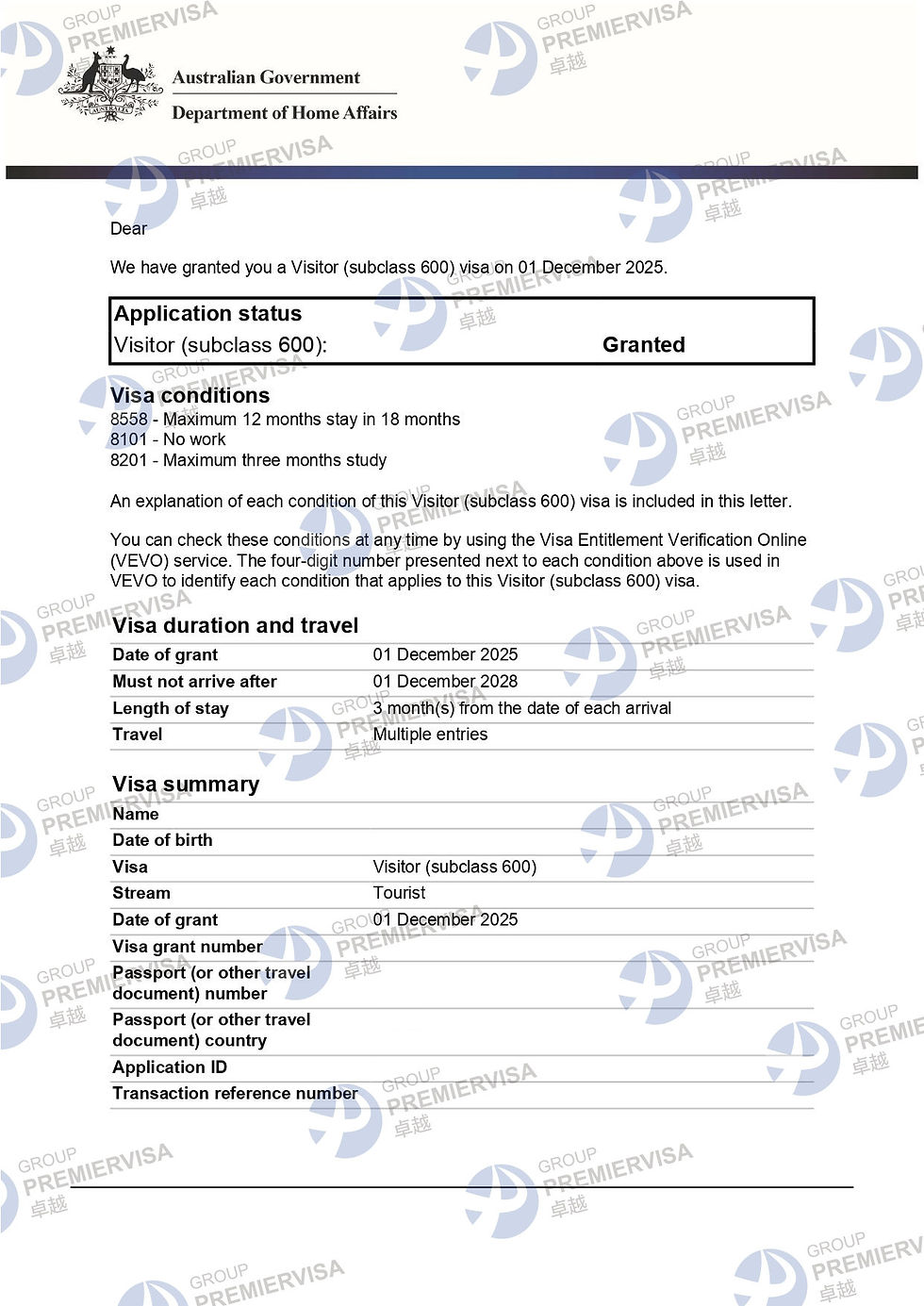 PremierVisa Group | Subclass 600 Visitor Visa Granted | 1 December 2025 | PV-AU-0152