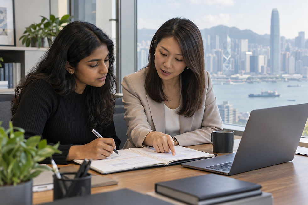 International trainee and Hong Kong mentor reviewing a practical learning timetable