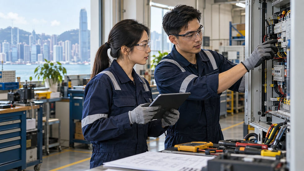 Two trained technicians in appropriate protective workwear reviewing equipment in a well maintained engineering workshop in Hong Kong