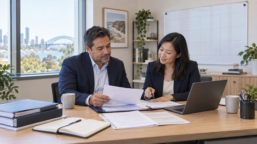 An experienced international professional comparing original career records with an adviser in a modest office with a plain unmarked planning board in Australia