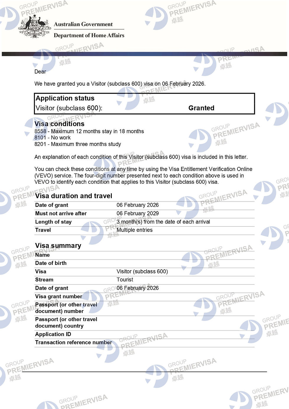 PremierVisa Group | Subclass 600 Visitor Visa Granted | 6 February 2026 | PV-AU-0121