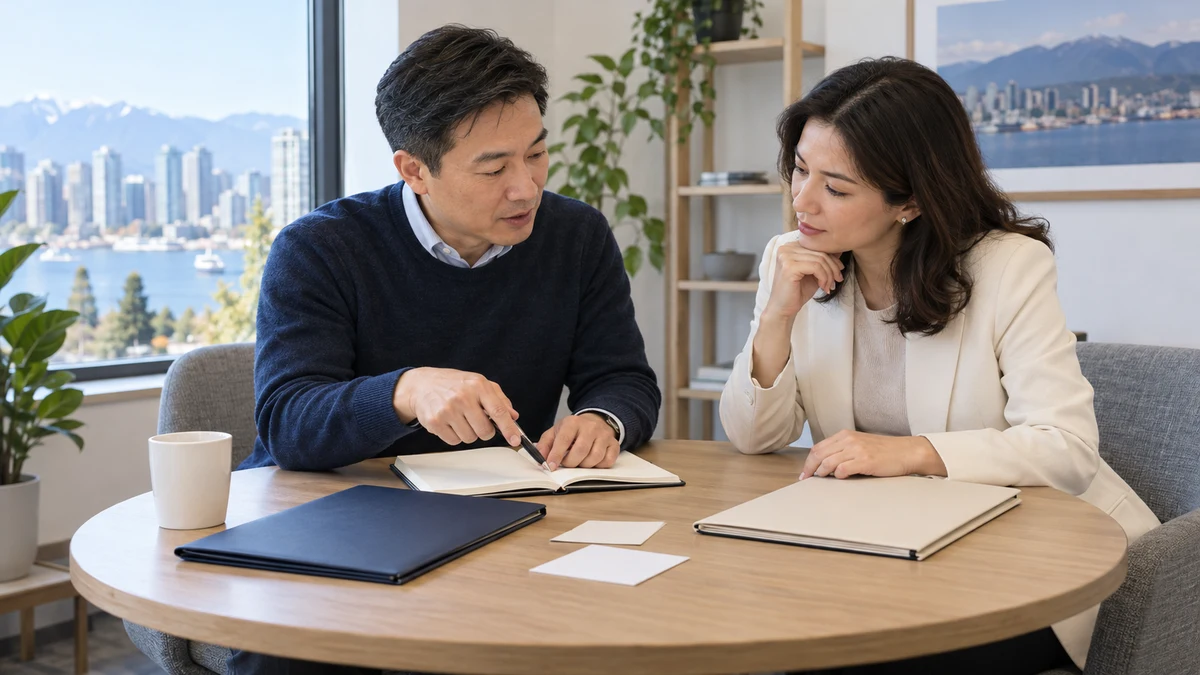 A business manager and an adviser discuss a blank notebook and two plain folders at a round office table; AI illustration.