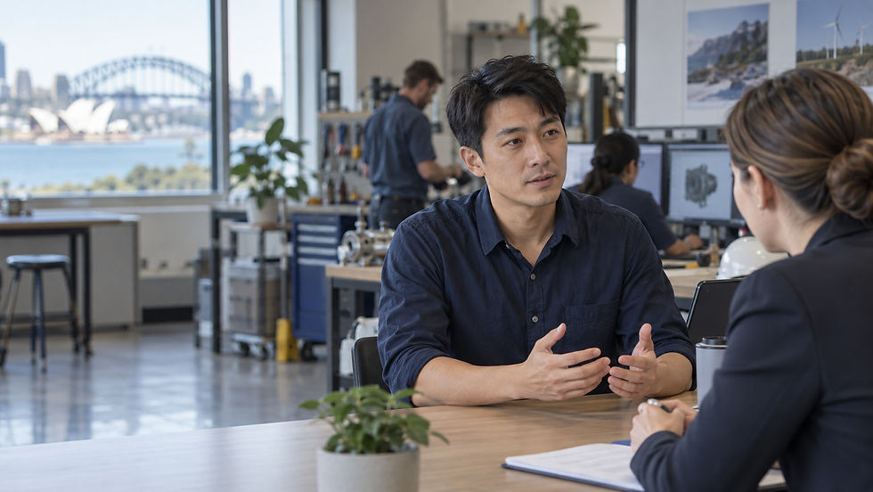 插畫呈現臺灣求職者與澳洲企業代表討論工作內容和聘用條件