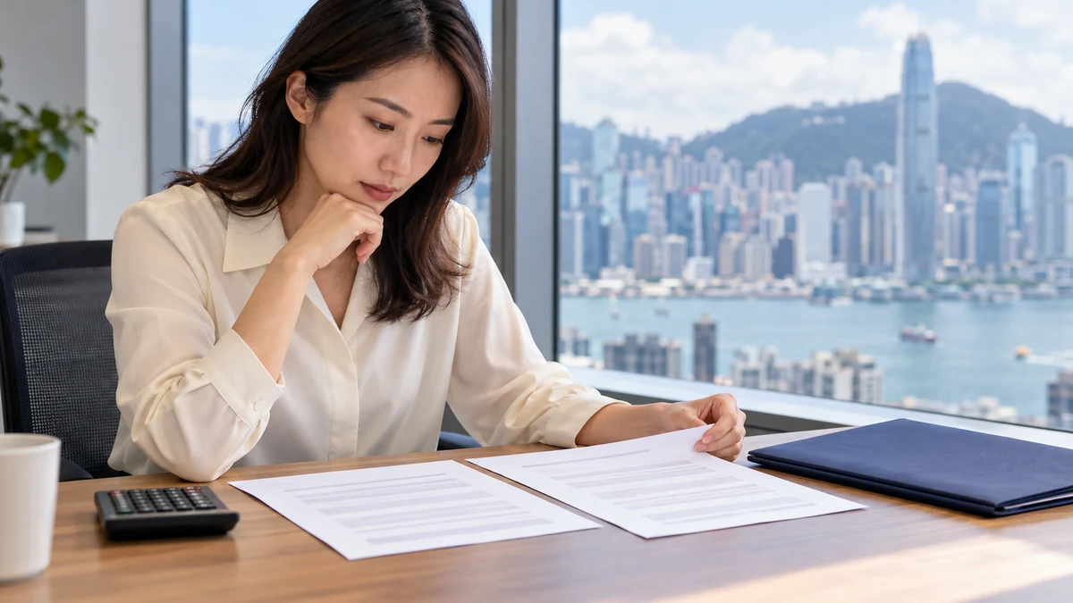 成年女子在香港城市窗景旁比較兩份素色文件,桌上有計算機與海軍藍資料夾;AI情境示意。