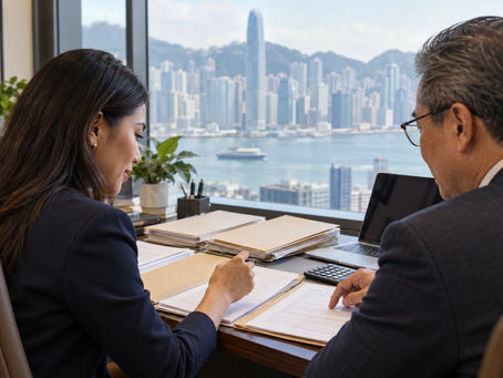 An investor and a financial professional reviewing several separate unmarked asset folders with a calculator in a calm office in Hong Kong