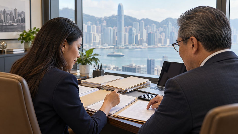 An investor and a financial professional reviewing several separate unmarked asset folders with a calculator in a calm office in Hong Kong
