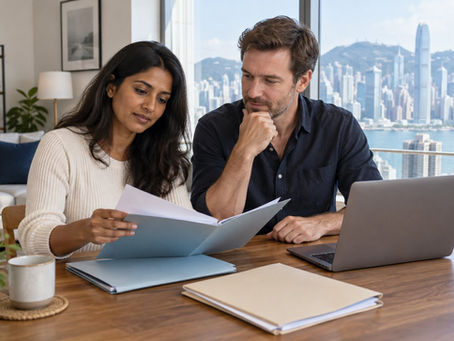 Expatriate couple reviewing residence document folders at a home desk in Hong Kong