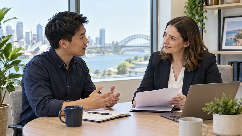 An international employee discussing a specific job offer with a human resources manager at a small meeting table in Australia