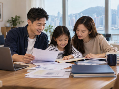 Two parents and a school age child organising documents and school materials at a home table