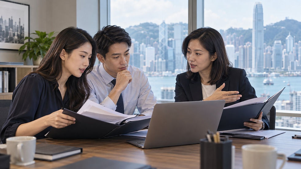 Two human resources colleagues comparing an employee chronology with a specialist using separate unmarked folders and an unreadable laptop in Hong Kong