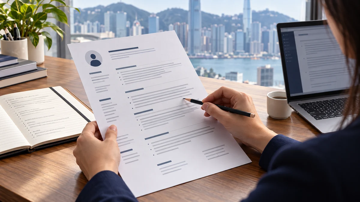 双手在电脑和笔记旁核对抽象简历,窗外有香港建筑;AI示意图。