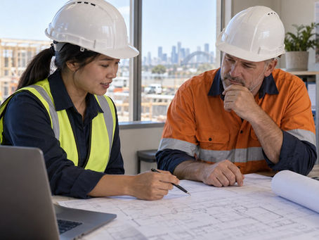 A construction coordinator and a visiting specialist discussing unmarked architectural drawings in a site office while both wear appropriate protective helmets in Australia