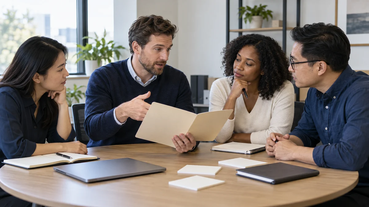 Four adult colleagues discuss a plain folder and staffing notes around a small meeting table; AI conceptual workplace illustration.
