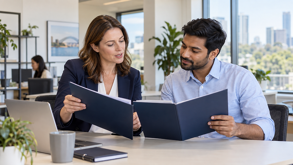 An employer and an overseas professional comparing two unmarked employment folders in a bright everyday company office in Australia