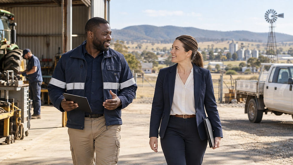 A regional employer and an overseas specialist walking through a practical Australian workplace near a small rural town in Australia