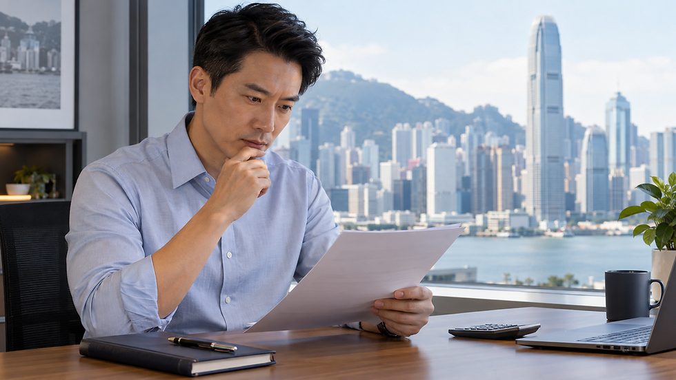 Professional reviewing an employment offer and remuneration notes at a Hong Kong office desk