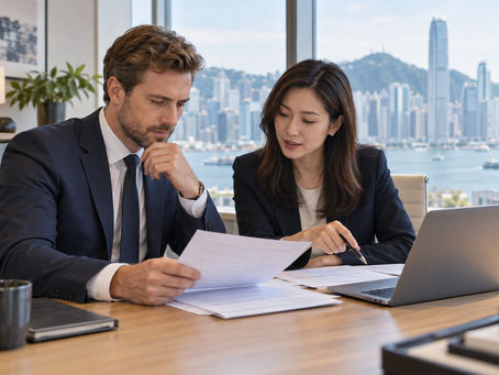International professional reviewing income documents with an adviser in a Hong Kong office