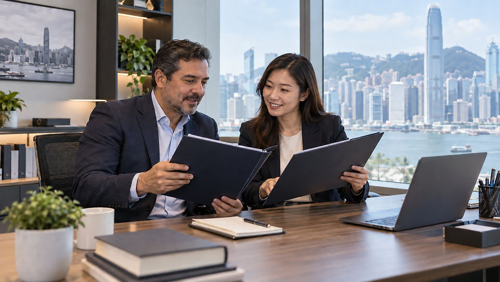 An employer and an overseas professional comparing two unmarked employment folders in a bright everyday company office in Hong Kong