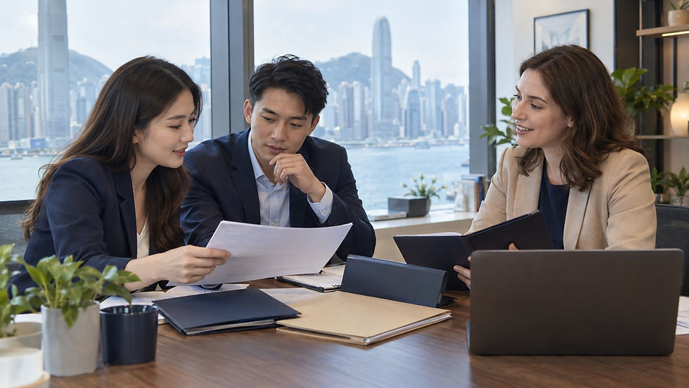 Two human resources colleagues comparing an employee chronology with a specialist using separate unmarked folders and an unreadable laptop in Hong Kong