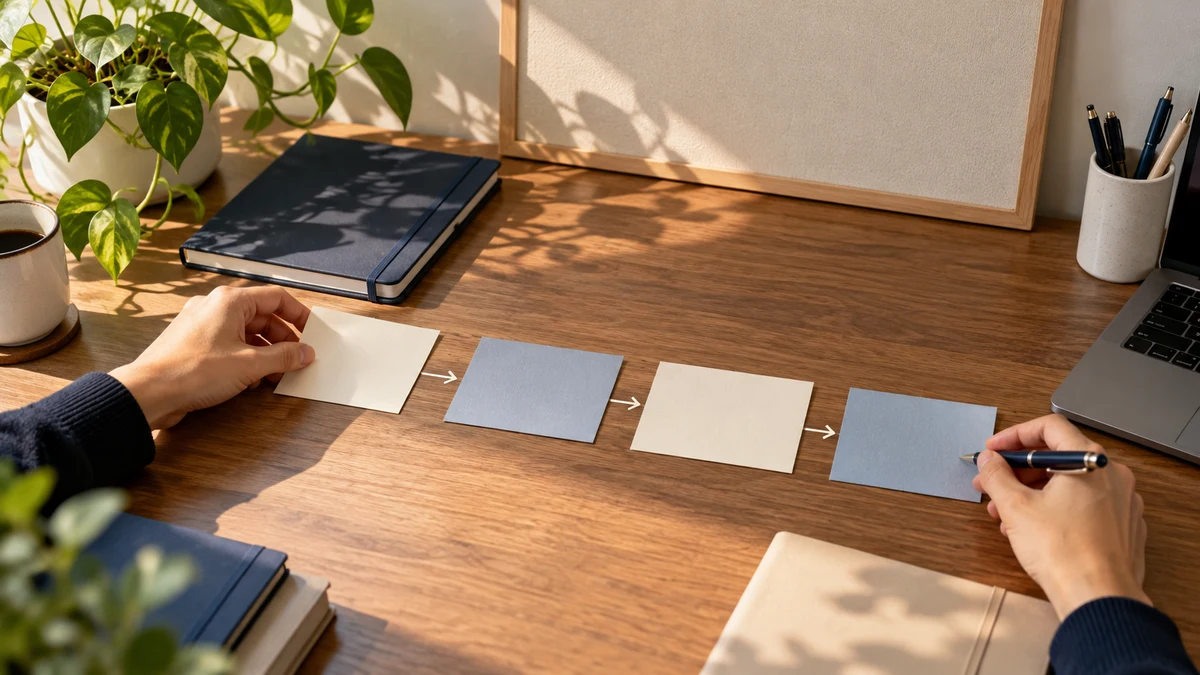 Navy-sleeved hands arrange four blank cream and blue cards across a sunlit desk; AI illustration.